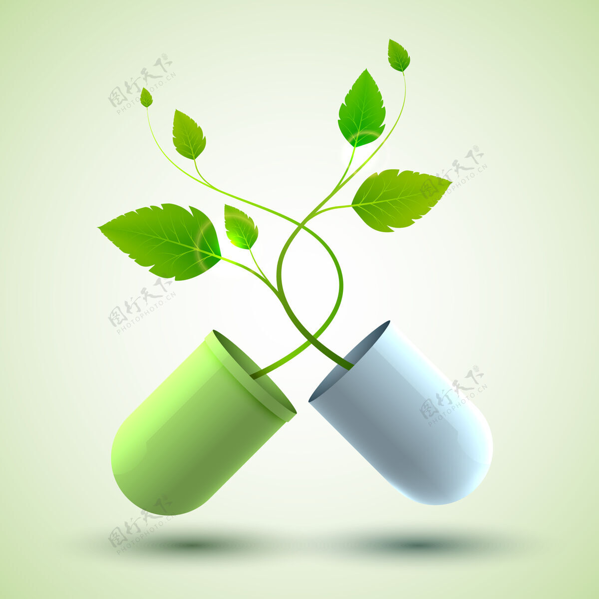 医药医学设计海报与原来的药用胶囊组成的绿色和蓝色的部分和叶子作为生命的象征插图胶囊传单套装