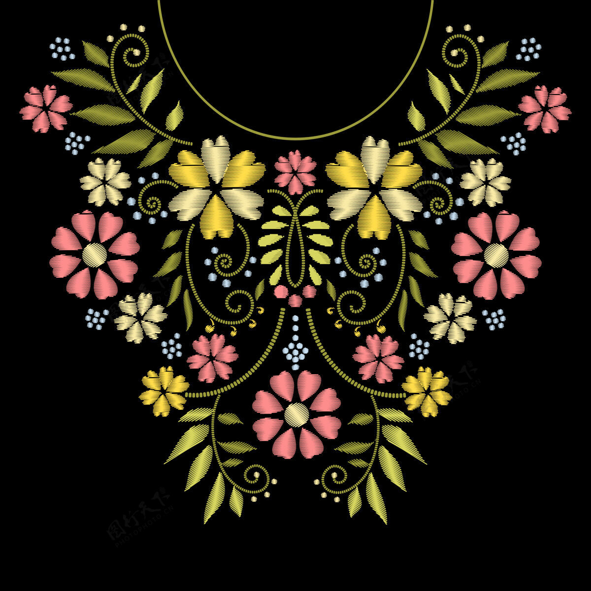 装饰领口线刺绣花卉图案插图线条民族花卉