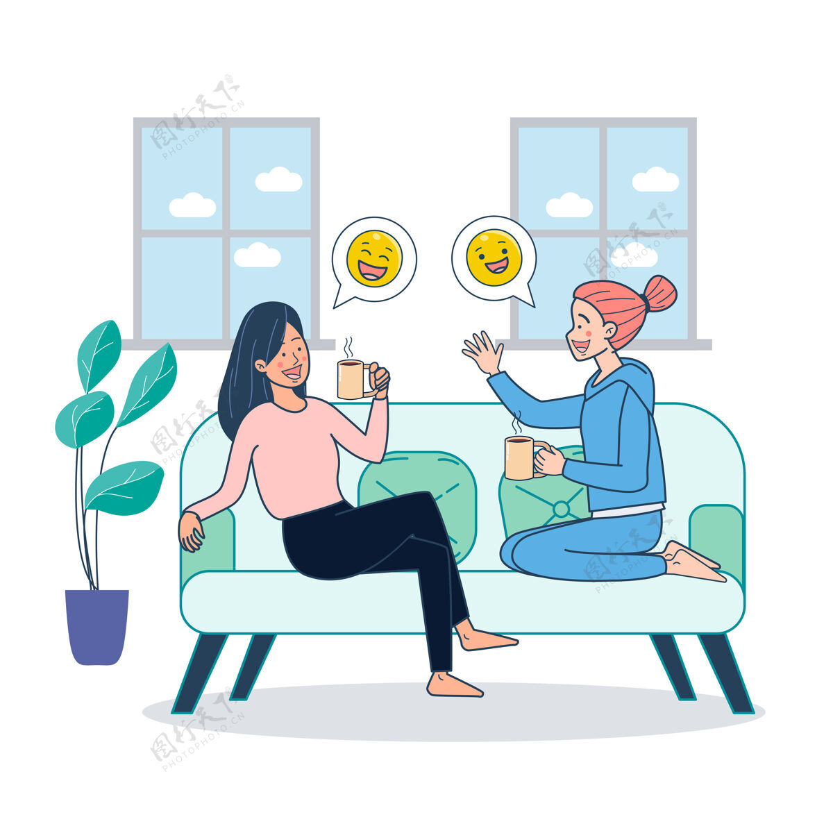 女人两个女孩坐在沙发上喝咖啡 在家里闲聊聊天漂亮食物