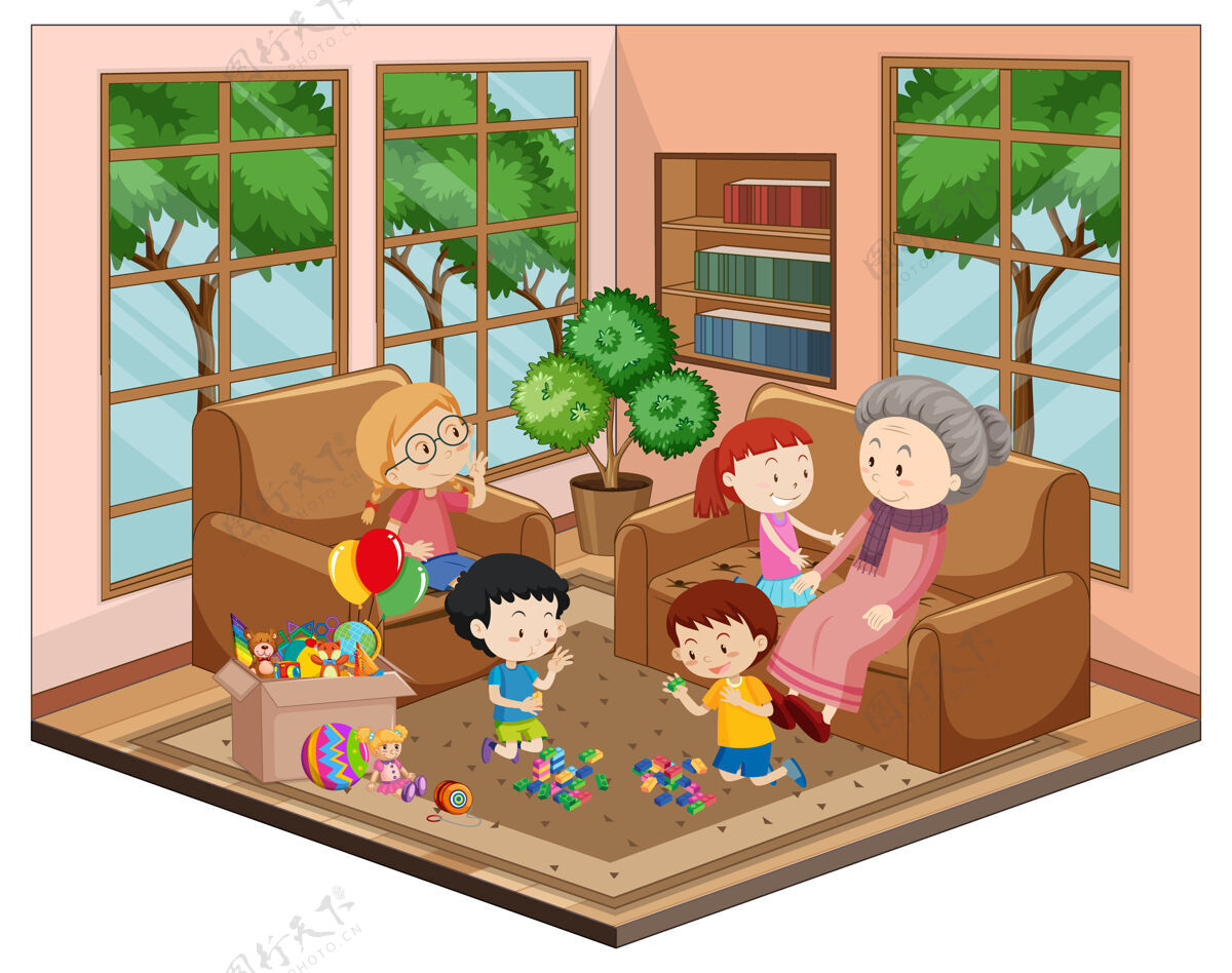 建筑奶奶带着孙子在客厅里摆设伴侣童年家具