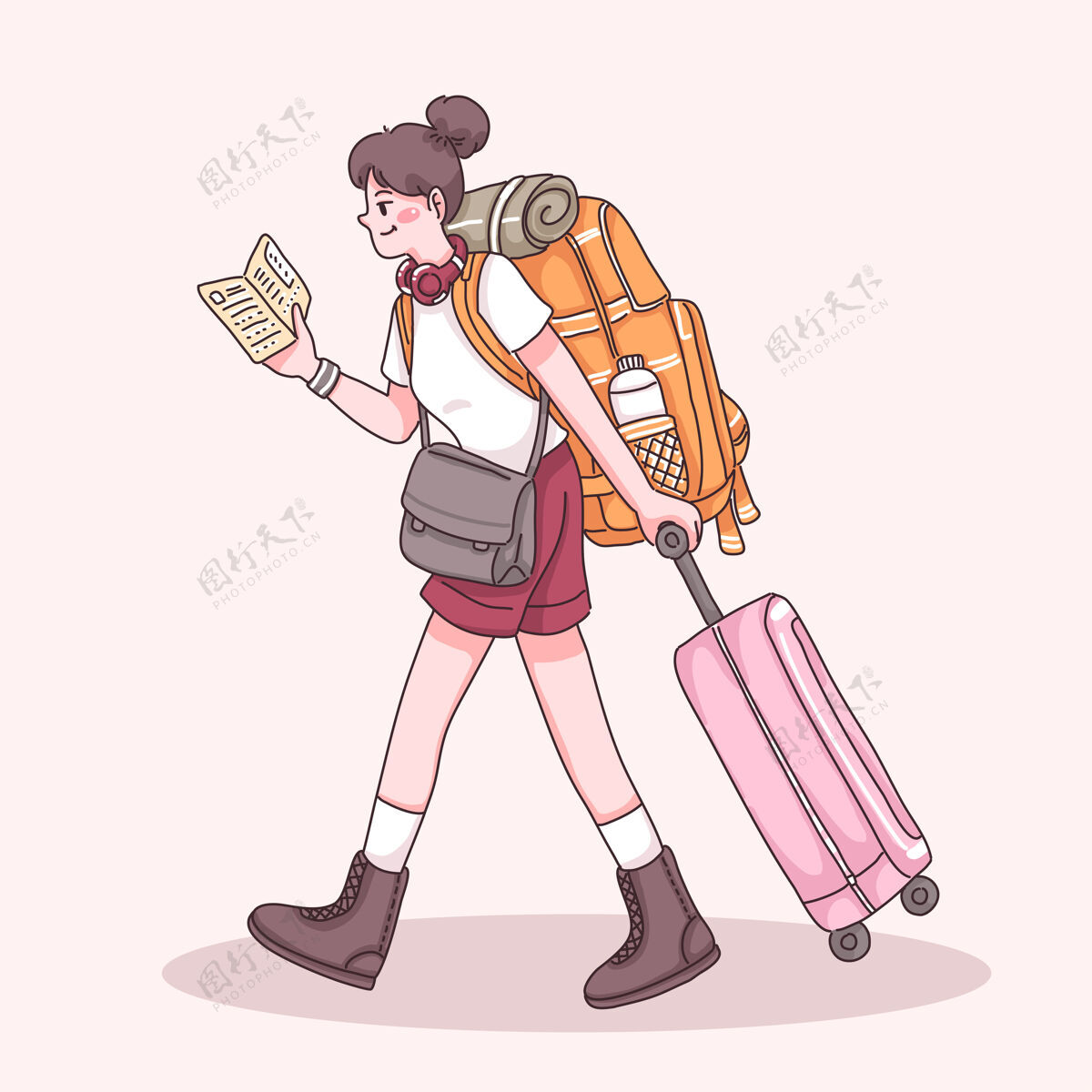 假日年轻的旅行家妇女背着背包 拖着手提箱 在看卡通人物的地图指南 平面插图旅行远足地点