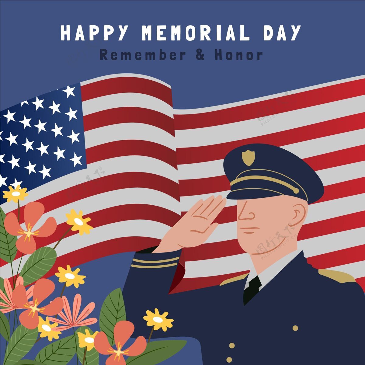 美国手绘美国阵亡将士纪念日插图节日手绘荣誉