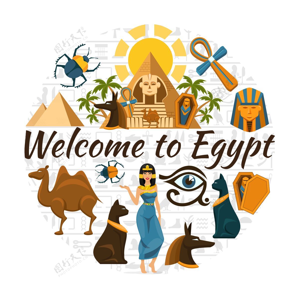 符号平面埃及旅游圆形贺卡与丰富多彩的传统埃及符号和元素孤立的插图 元素孤立旅游