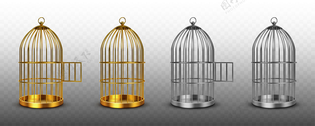 金属鸟笼 金色和银色的老式空鸟笼门自由电线