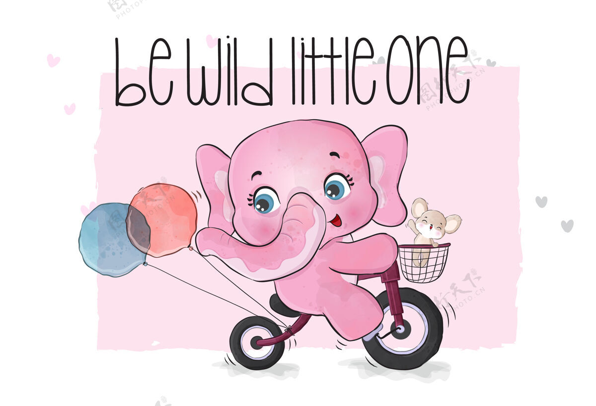 婴儿可爱的动物大象骑自行车插图漫画轮子儿童