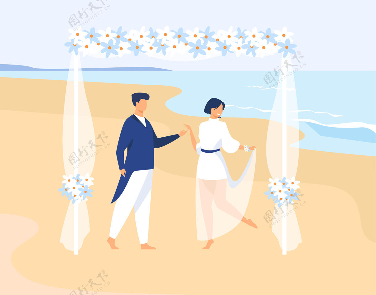 浪漫一对新人在热带岛屿上结婚新郎和新娘在海上举行婚礼人日期热带