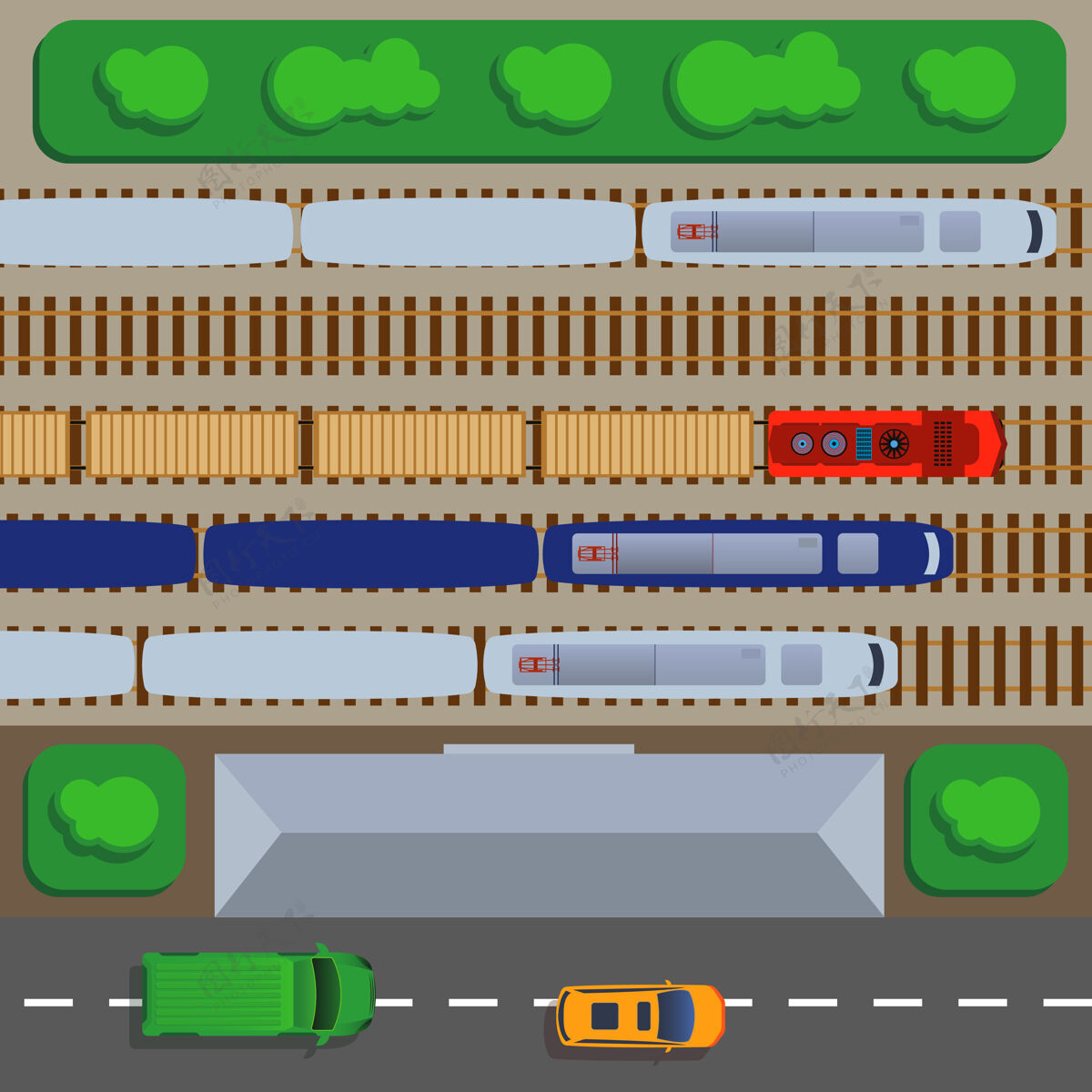 路径铁路俯视图 包括火车和铁轨 站台和车辆段图解换乘车辆段道路