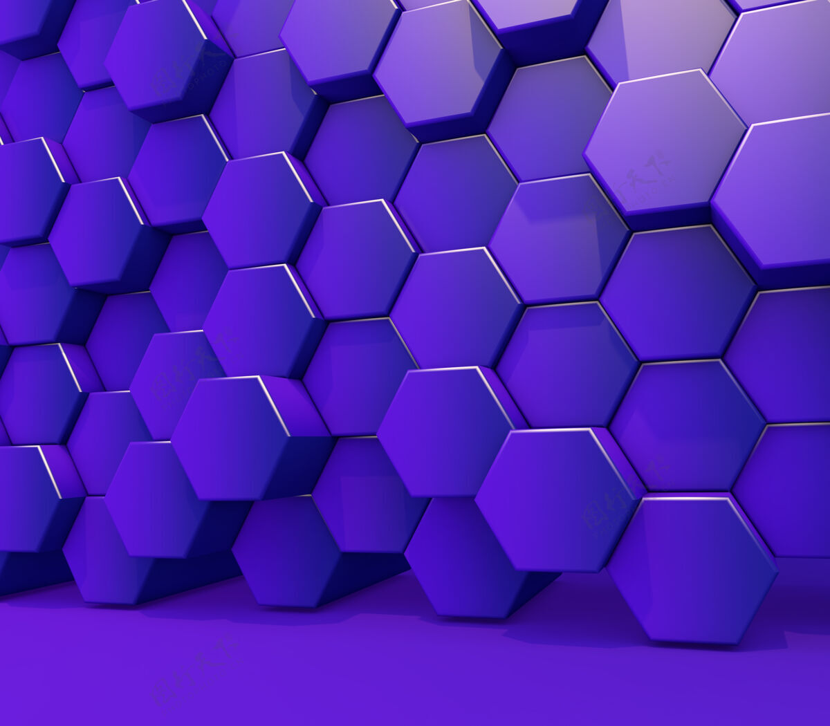 三维背景有光泽的紫色挤出六边形墙的三维渲染正方形矩形块