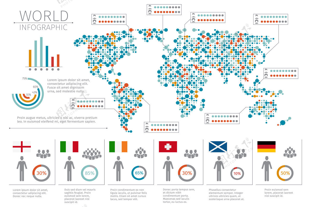 分析世界人民信息图表世界地图插图上的人类信息图表世界统计和信息图表集合旗帜页面