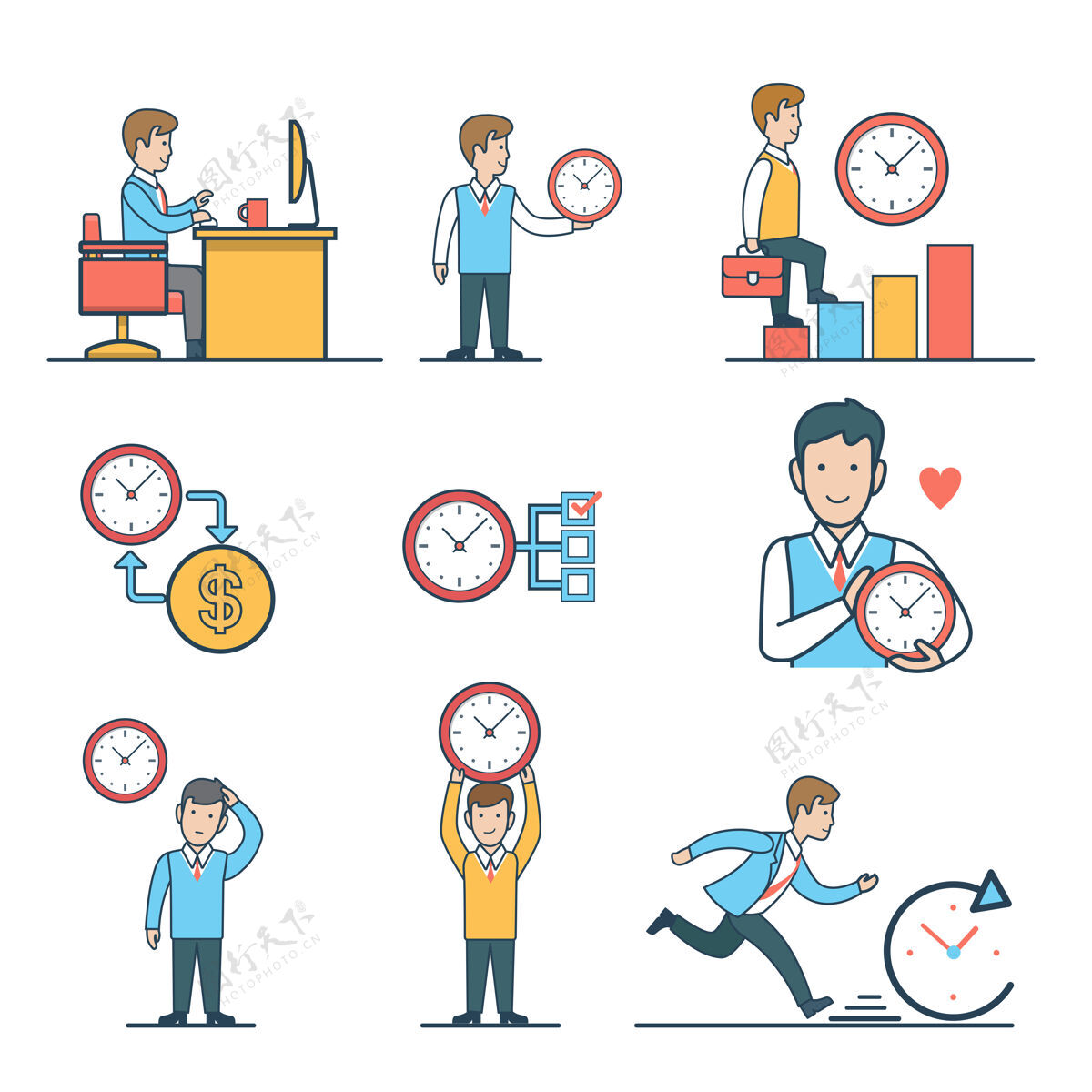设定线性平面商务人员时间管理集工作在工作场所 测量时间表 时间就是金钱 最后期限赶时间坚持思考跑步