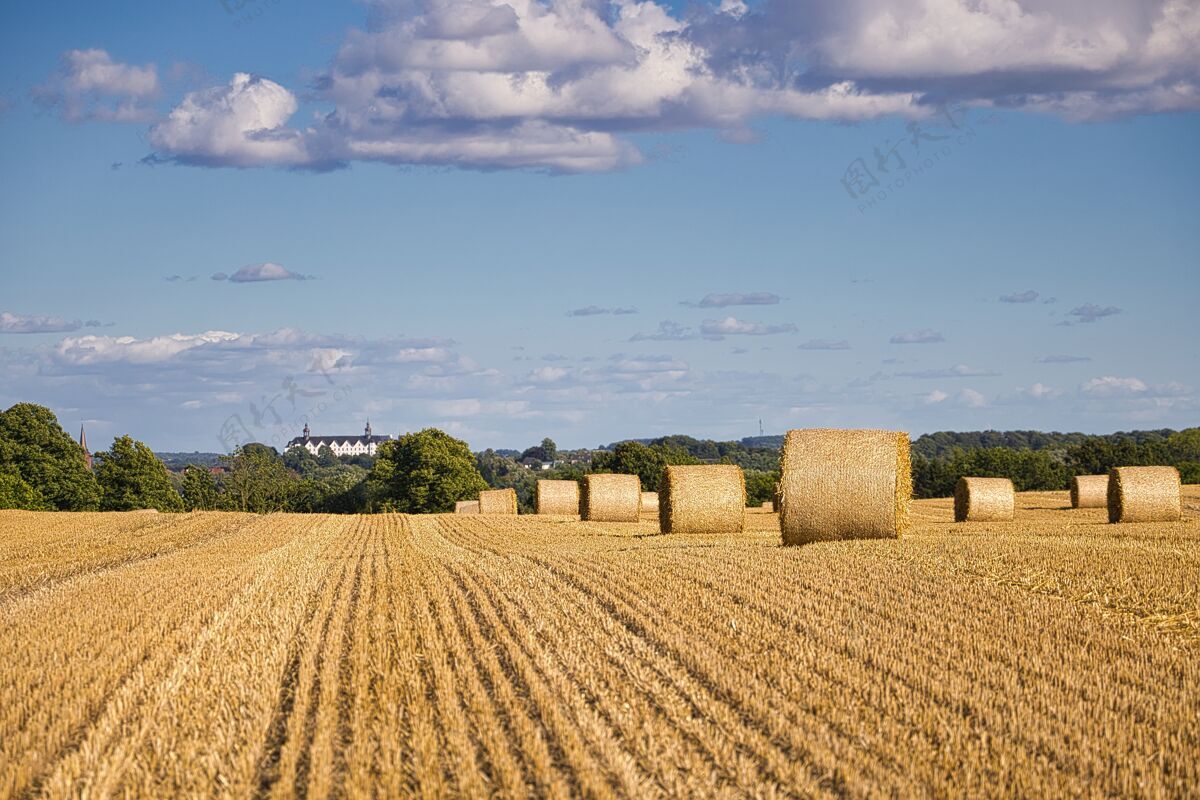 乡村在德国的一个晴朗的日子里 收获的麦田被云层覆盖了土地草地蓝色