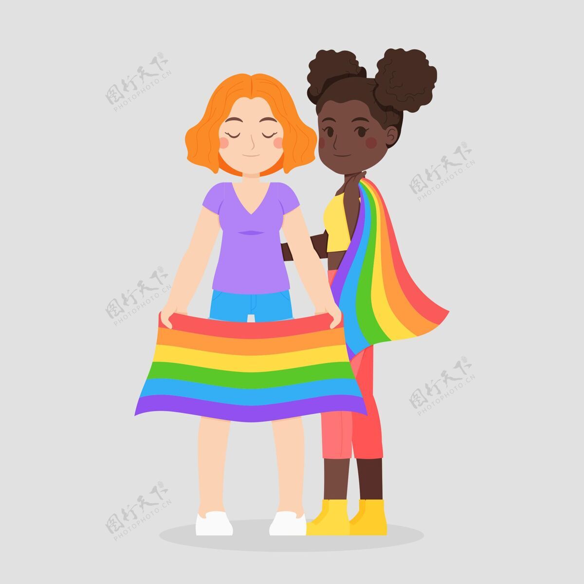 情侣可爱的女同性恋夫妇与lgbt旗帜插图同性恋插图家庭