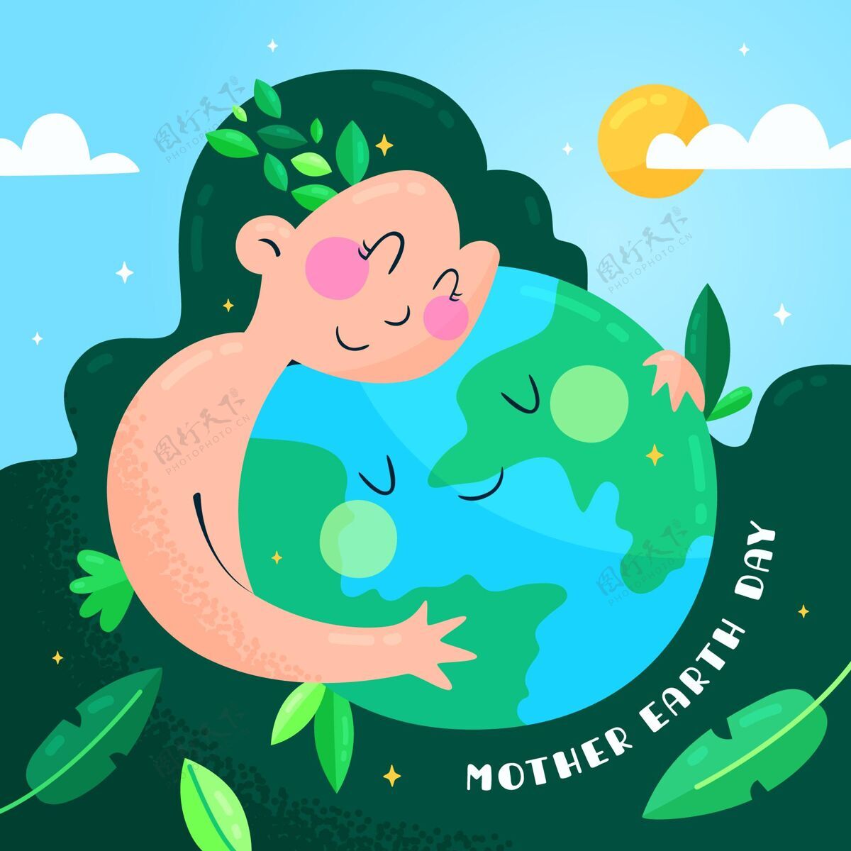 花卉卡通地球母亲节插画动物地球母亲日插图