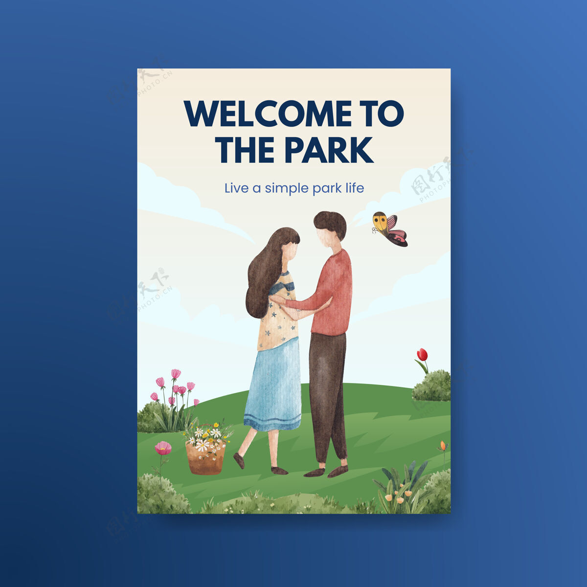 传单海报模板与公园和家庭概念设计传单和小册子水彩插图家庭景观人物