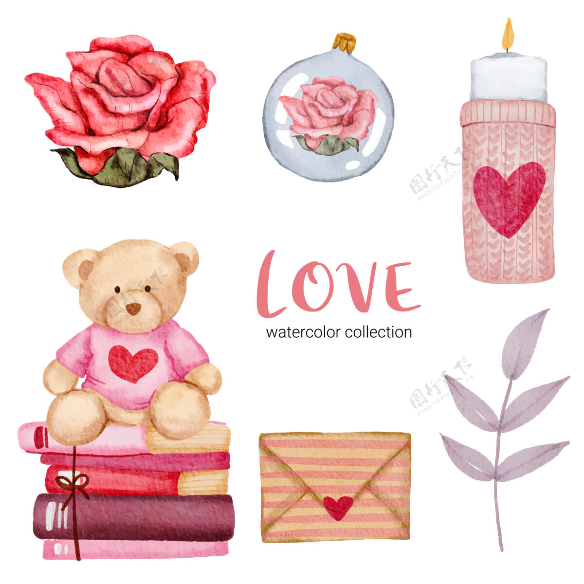 卡片套大孤立的水彩情人节概念元素可爱浪漫的红粉心形装饰 插画泰迪熊抽象装饰品