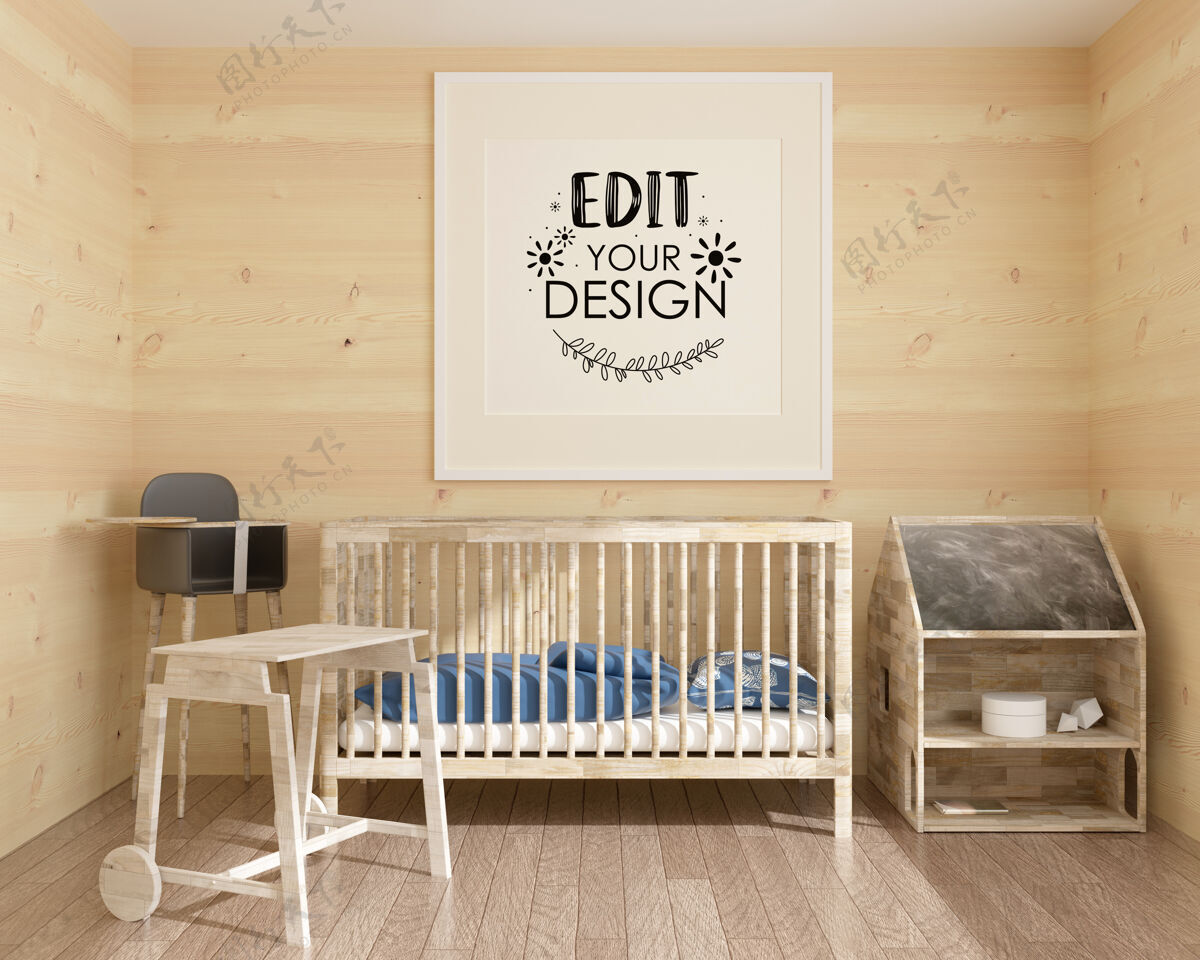 模型儿童卧室psd模型的海报框架家具房间墙