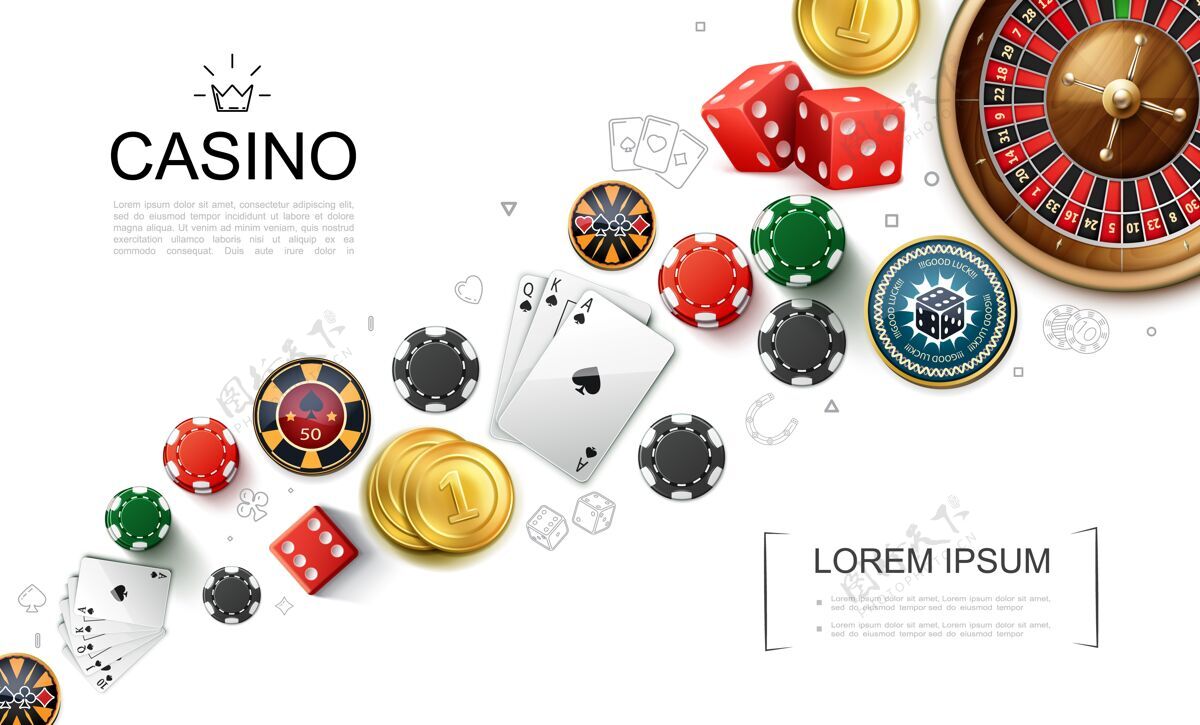 插图现实的赌场元素概念与轮盘赌游戏骰子扑克牌和扑克筹码插图轮盘赌扑克筹码