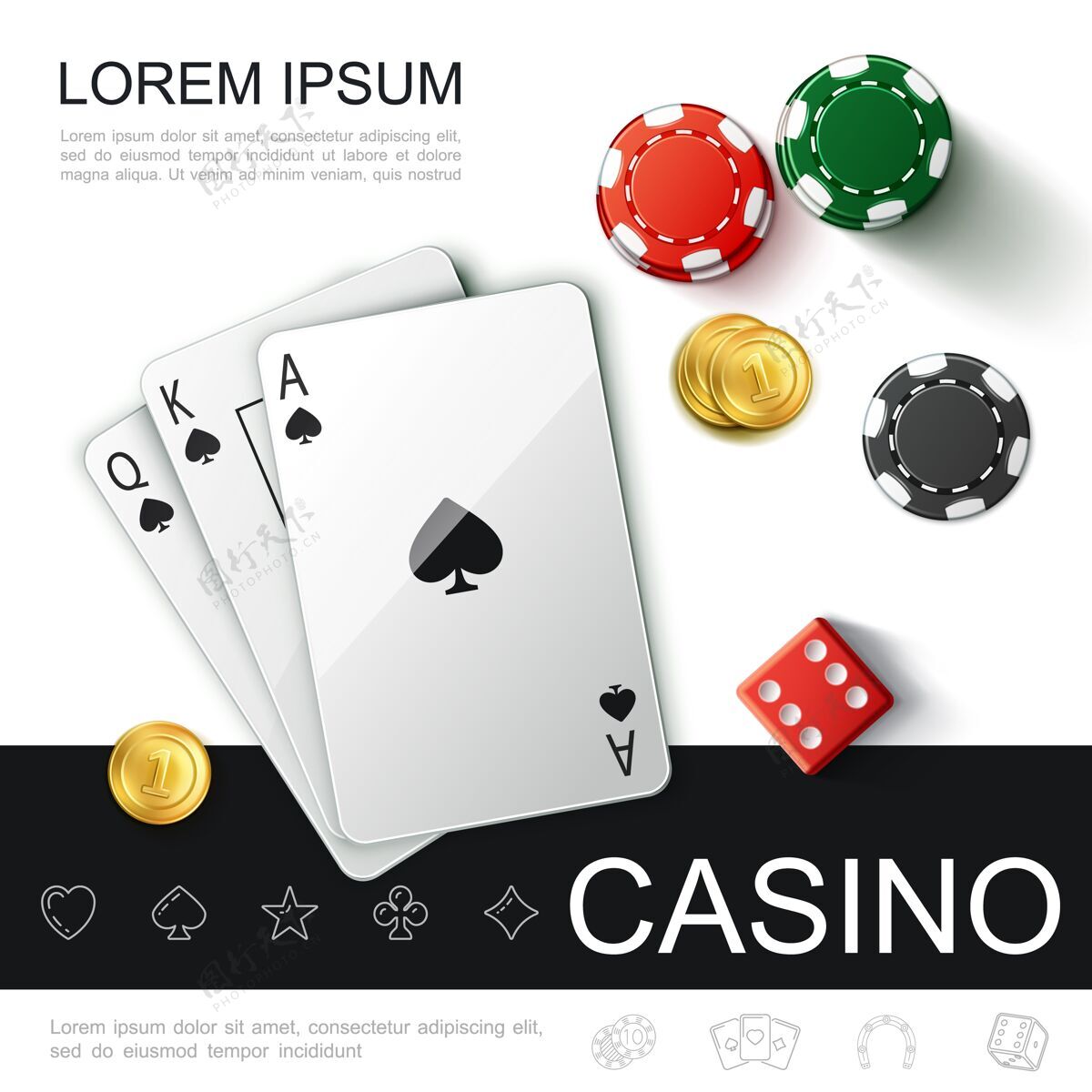 黄金现实的赌场顶视图概念与扑克扑克牌芯片游戏骰子和金币插图游戏现实插图