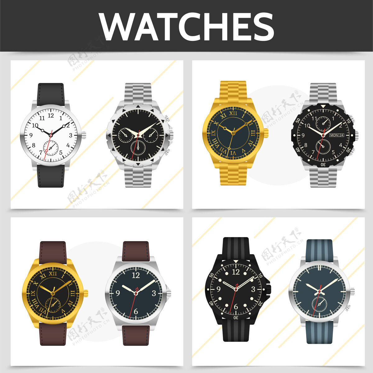 可穿戴平面经典昂贵的手表方形概念与金银金属和皮革手镯插图金属圆形秒