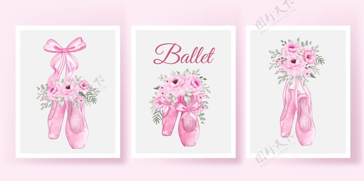 水彩画鞋芭蕾舞海报与玫瑰粉水彩设置花芭蕾舞玫瑰