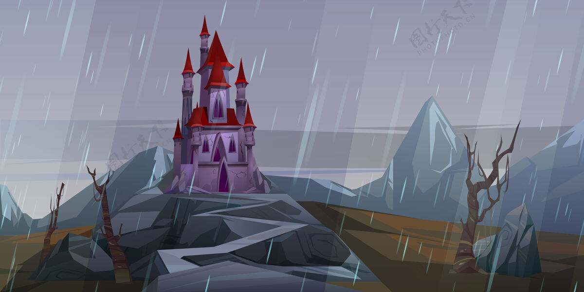 恐怖下雨天岩石上的城堡古董卡通童话