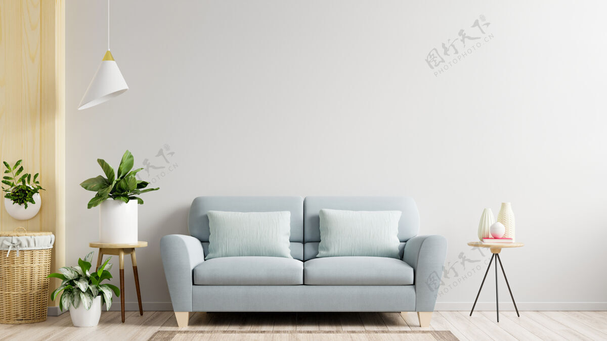 家具白墙客厅有沙发和装饰 3d渲染扶手椅房子室内