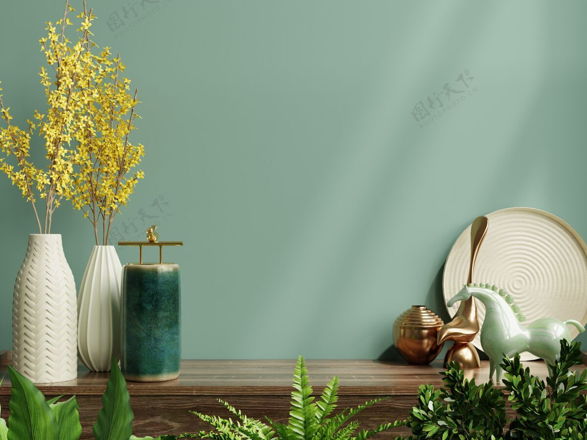 模型内墙模型与绿色植物 绿色墙和货架三维渲染多汁时尚装饰