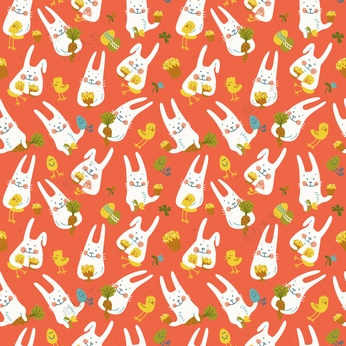 胡萝卜五颜六色的快乐复活节无缝模式与可爱的兔子举行胡萝卜鸡鸡蛋和鲜花庆祝瓷砖鸡蛋