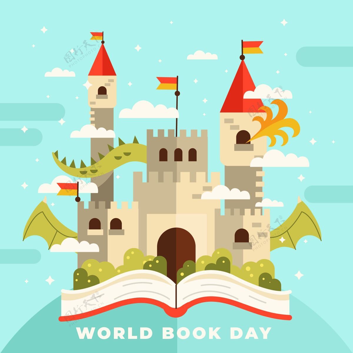 图书日世界图书日插图与书和城堡4月23日世界图书日庆典