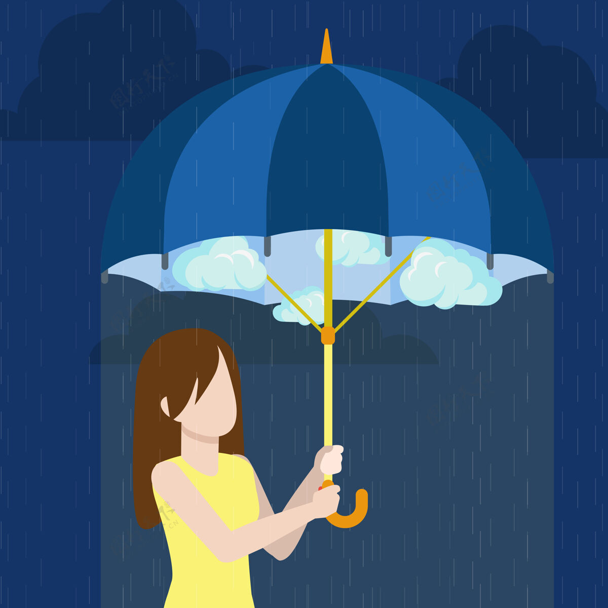 天气防患于未然的概念阴天下深色的年轻女子雨伞下的女孩室外温暖晴朗的室内蓝色深色背景上的平面风格插图抽象人类女性