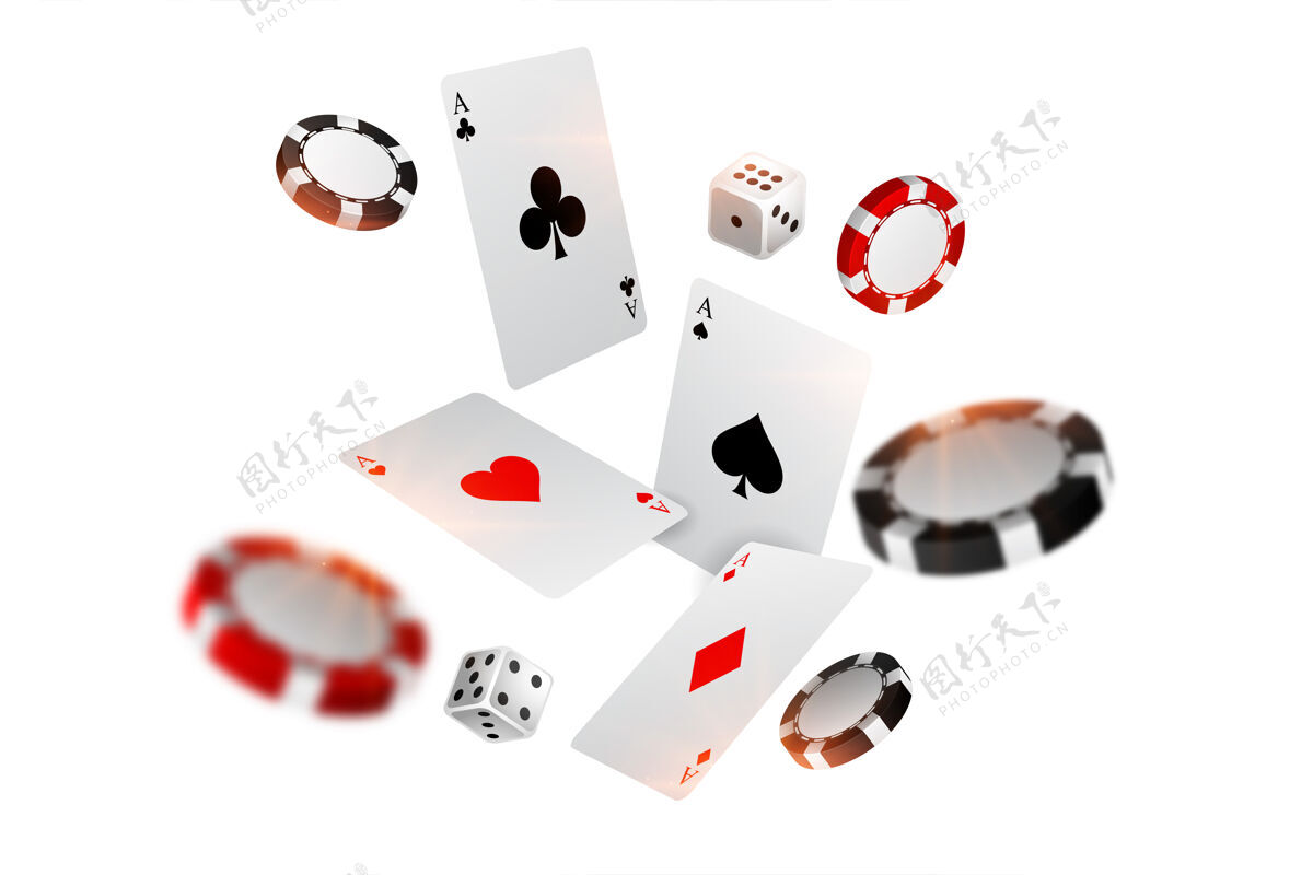 幸运玩赌场纸牌筹码和骰子飞行的背景白色风险机会