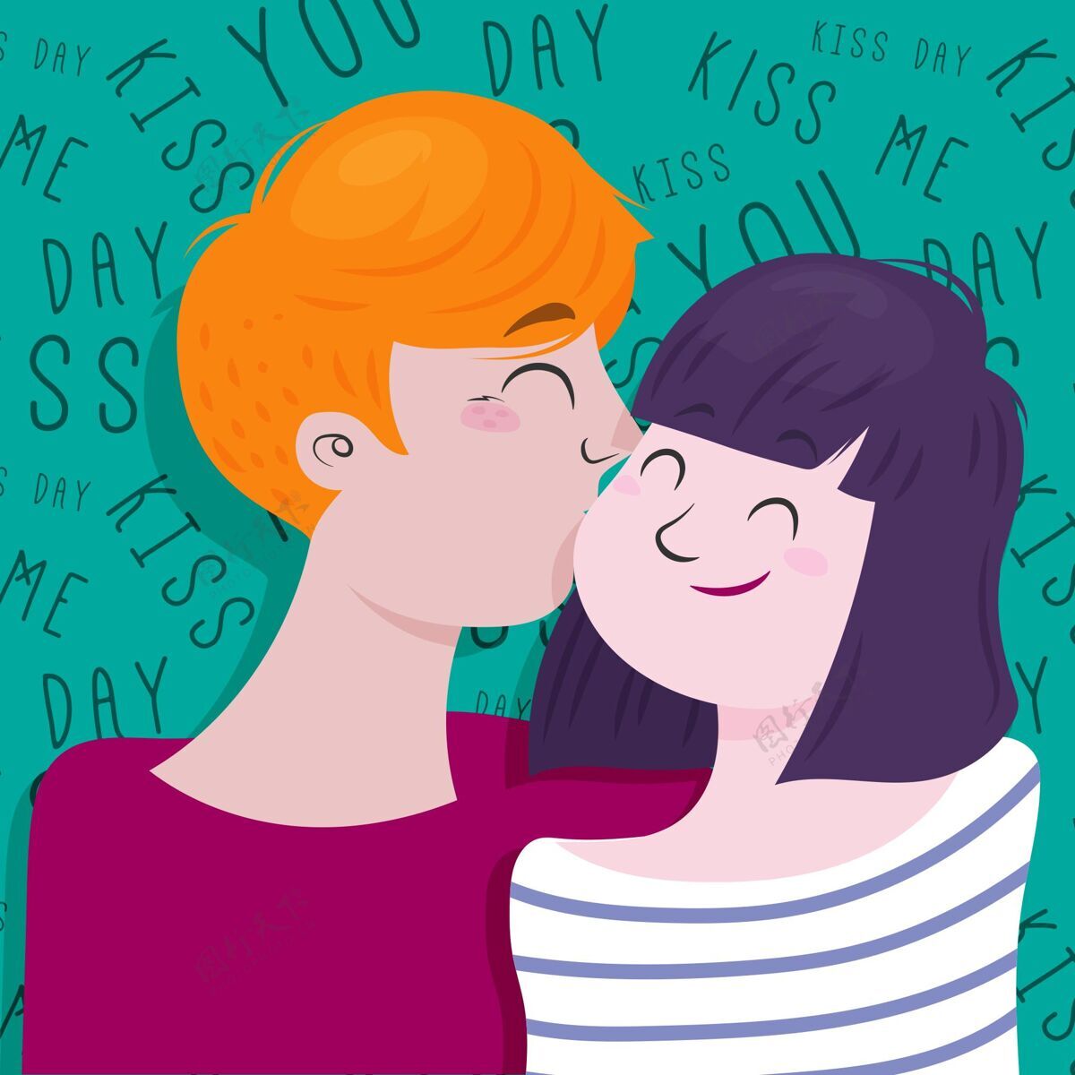 亲吻手绘情侣国际接吻日插画庆祝爱插画