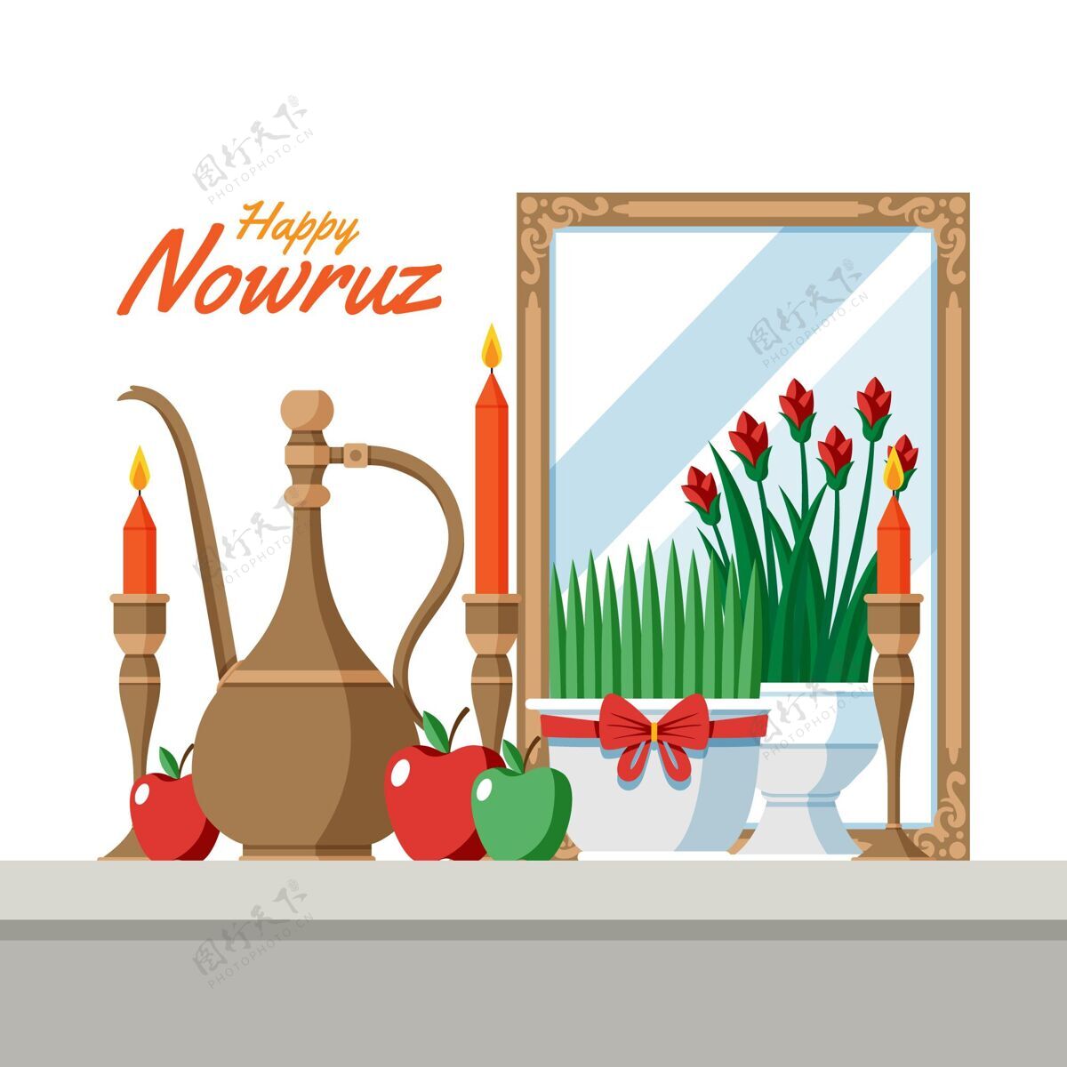 nowruz快乐nowruz插画与萌芽和镜子萌芽平面设计平面