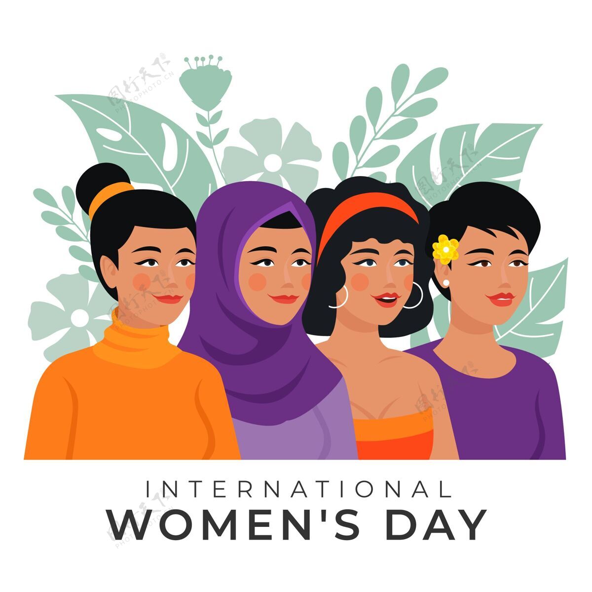 插图手绘国际妇女节插画与妇女和树叶女性两性平等庆典