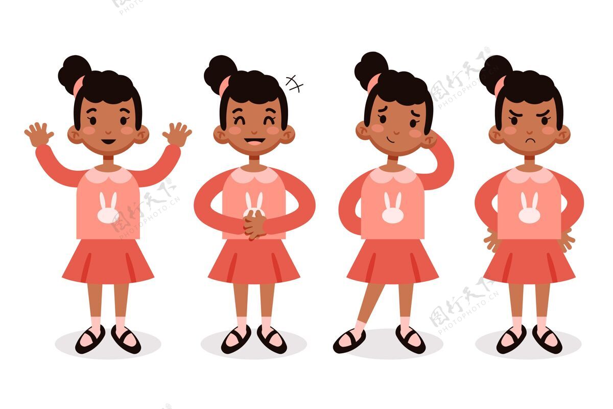 插图平面手绘不同姿势的黑人女孩姿势非裔美国人年轻