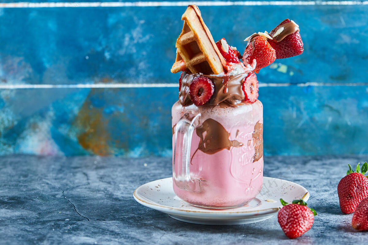 马克杯草莓奶昔 在深蓝色的白色盘子上放上小华夫饼 巧克力和草莓片甜味草莓美味