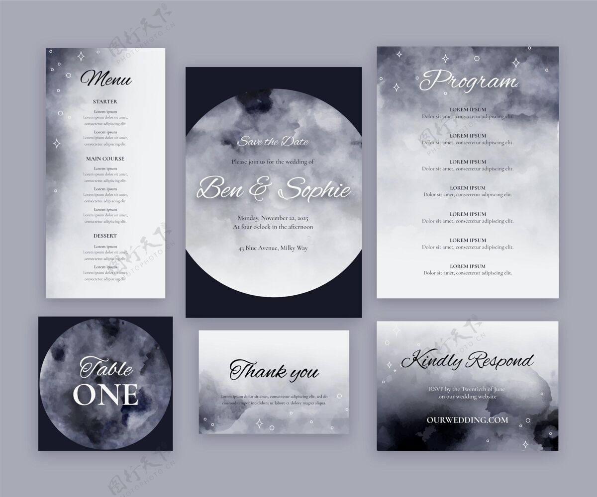 水彩水彩仙境婚礼文具系列婚礼模板卡片