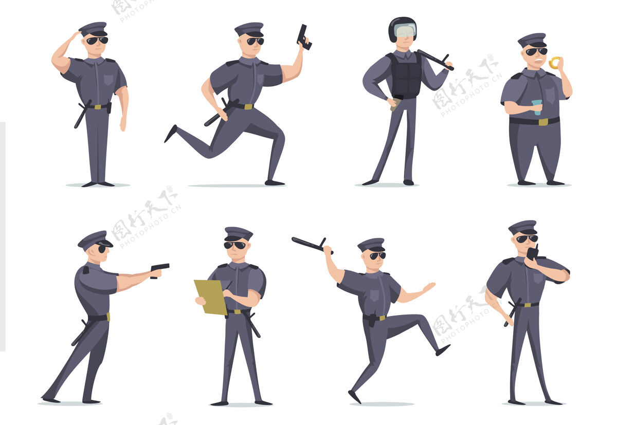 枪有趣的美国警察在不同的姿势平面项目集服装人物美国