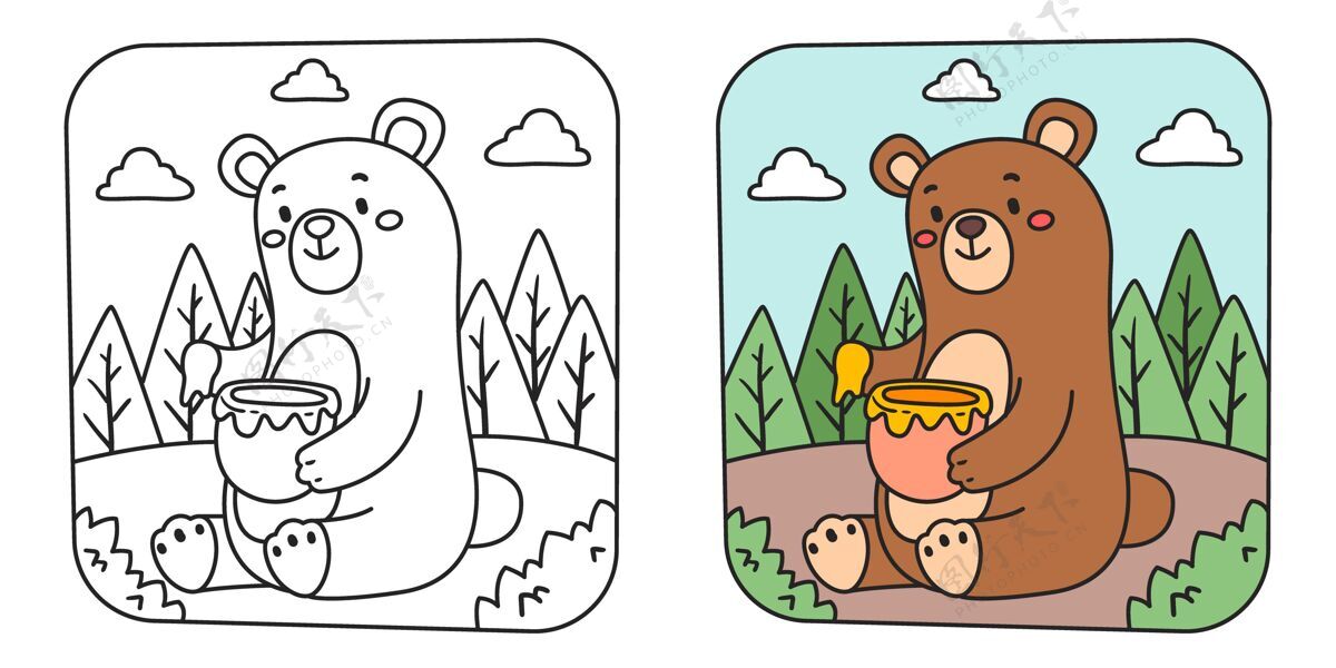 卡通带熊的儿童彩色插图着色插画孩子
