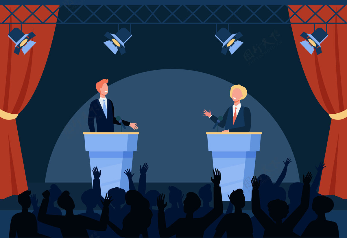 辩论两位政客在观众面前参加政治辩论孤立的平面插图卡通舞台民主