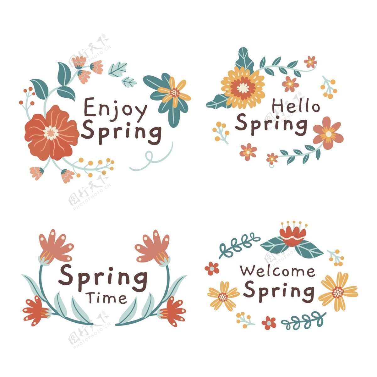 开花手绘弹簧标签集春天包装美丽