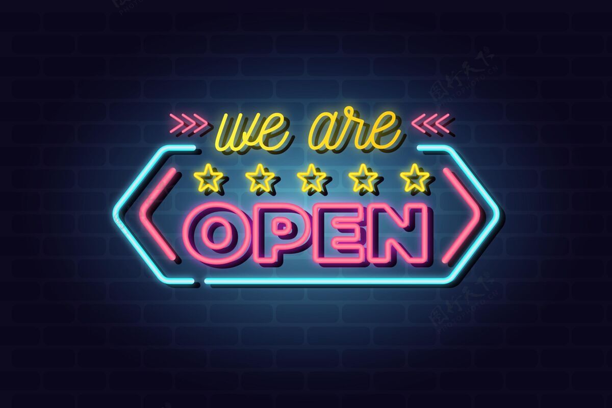 商店五颜六色的霓虹灯“我们开门”标志开业招牌开业欢迎