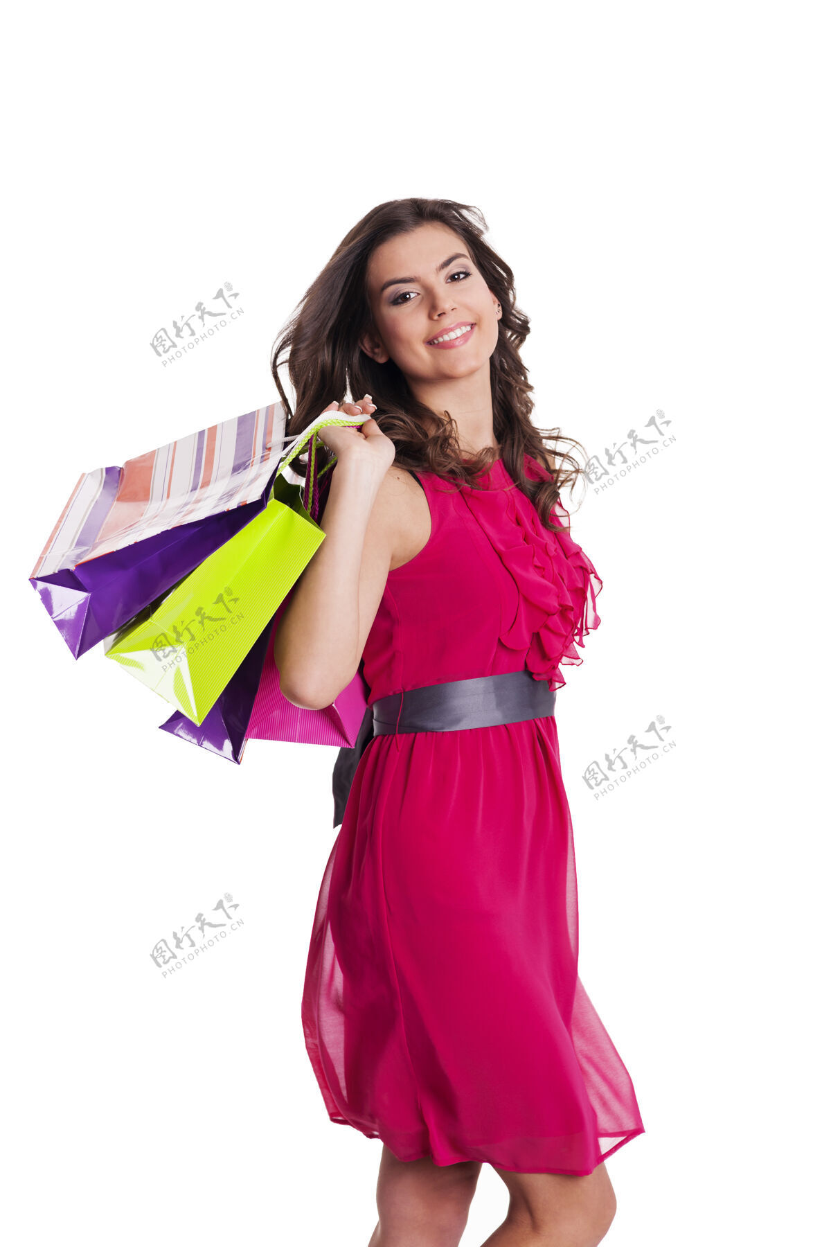 顾客黑发女人带着五颜六色的购物袋多种颜色微笑减肥