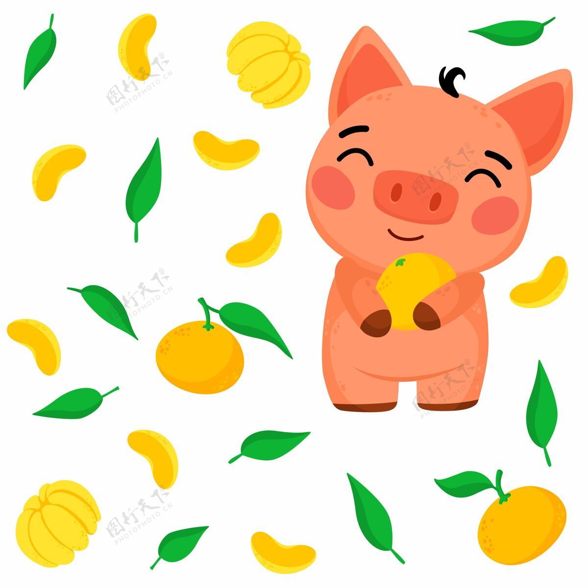 文化明亮的图案配上小猪和橘子的插图动物图案猪