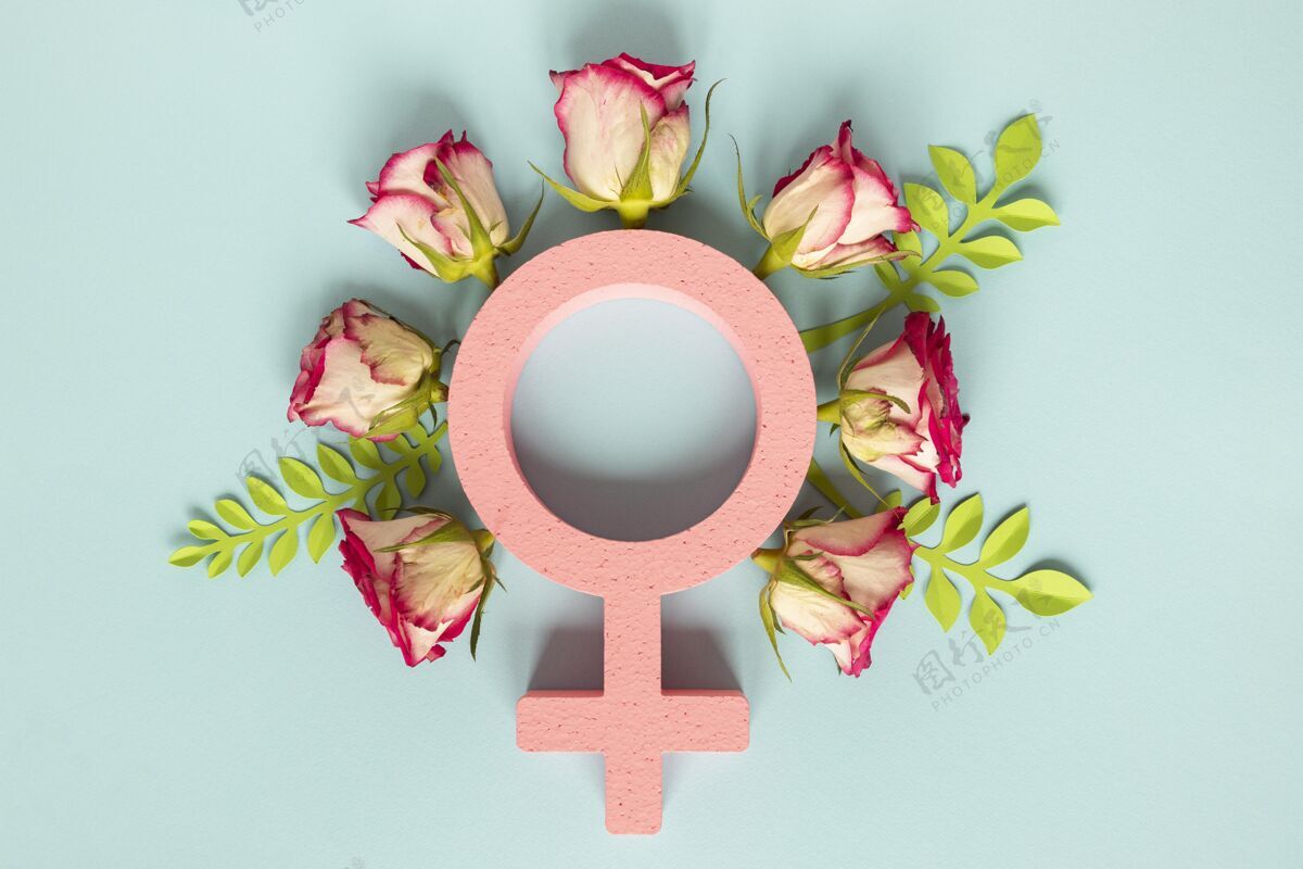 女权主义妇女节鲜花环绕的女性标志俯视图妇女和女孩节平面俯视