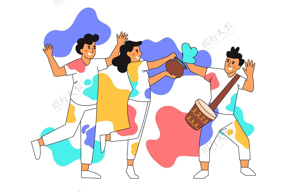 多彩平手画的人们庆祝胡里节印度教色彩印度