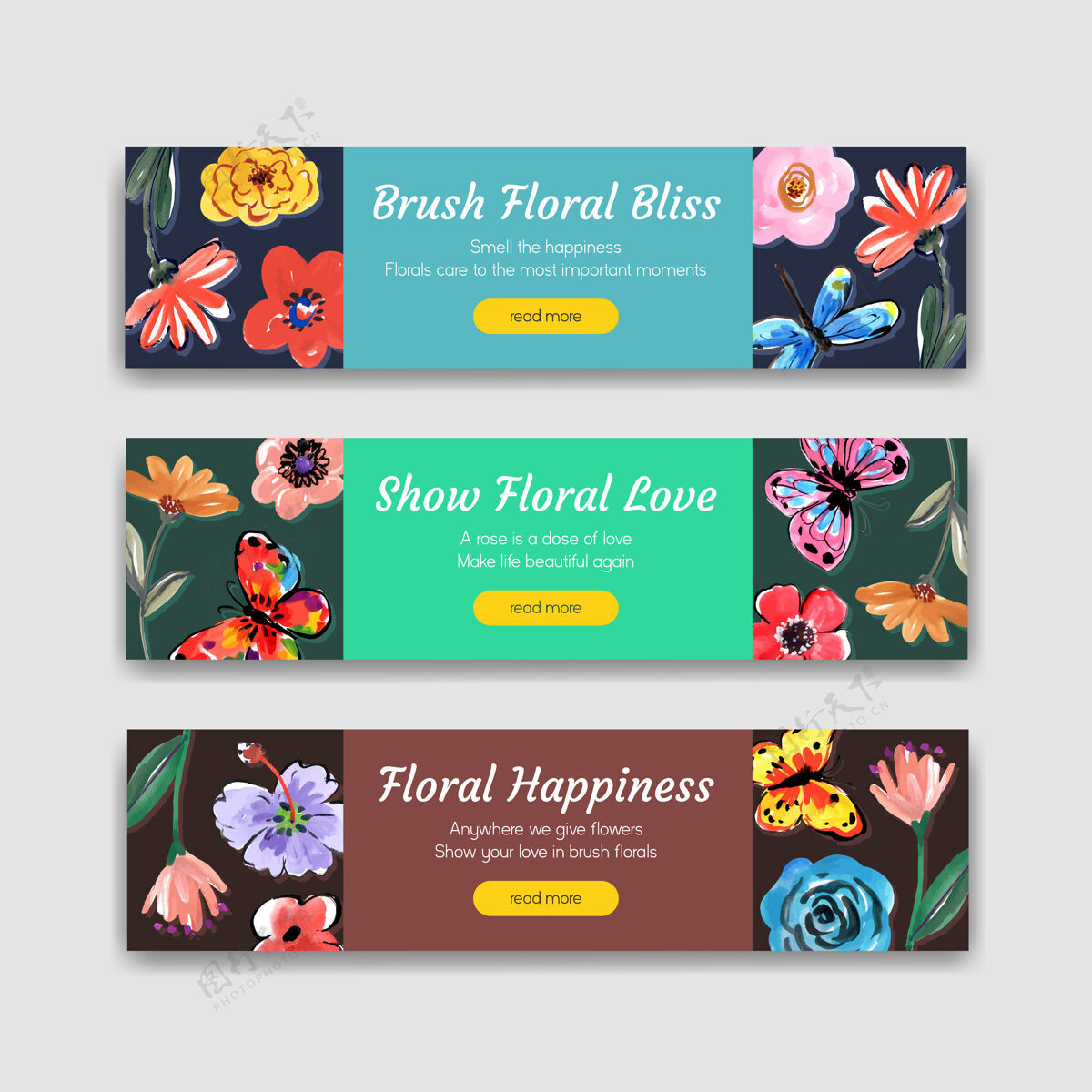 线条横幅模板与刷子花卉概念设计广告和营销水彩花卉花卉水彩