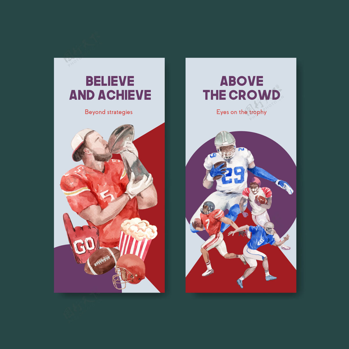 头饰传单模板与超级碗运动概念设计的宣传册和传单水彩矢量插图足球运动员碗专业