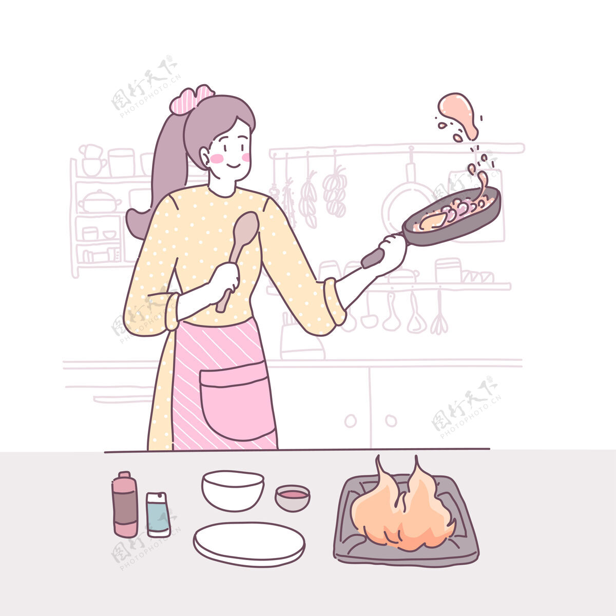 卡通矢量平面插图与一个女孩谁在厨房做饭汤美食烹饪