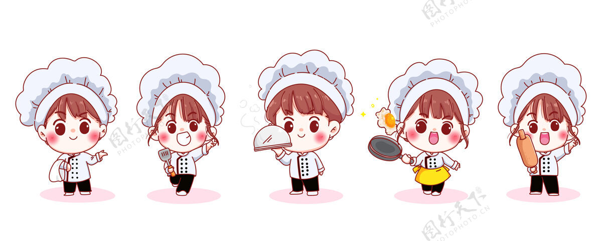 角色一组微笑可爱的厨师在不同姿势的卡通插图可爱专业厨师